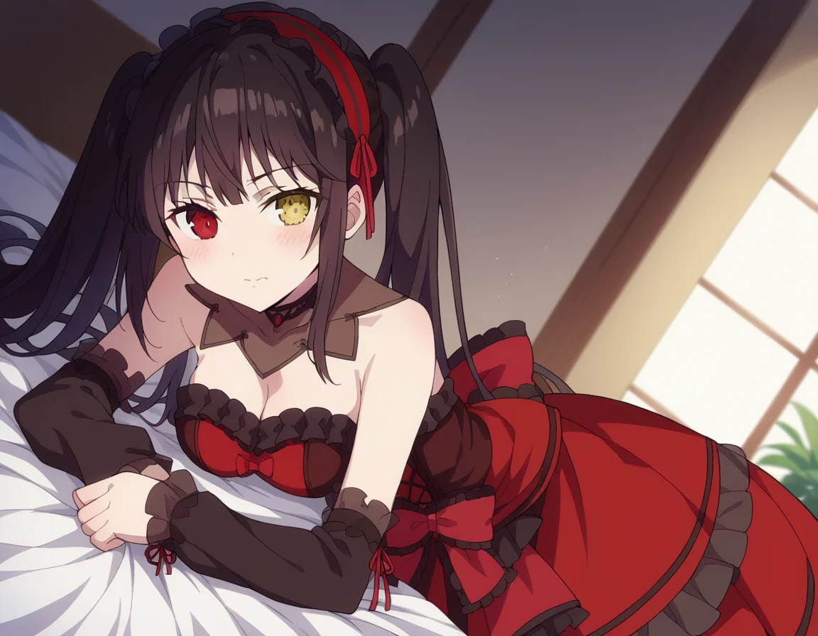 score_9, score_8_up, score_7_up, source_anime,
kurumitokisaki, <lora:kurumi-tokisaki-movie-ponyxl-lora-nochekaiser:1>,
kurumi tokisaki, black hair, red eyes, long hair,
twintails, yellow eyes, hairband, heterochromia, dress, red dress, bare shoulders, collarbone, choker, bowtie, red bowtie, detached sleeves, corset, frills, cleavage,
indoors, bed, bed room, on side, blush, drunk,
solo, dutch angle, looking at viewer, cowboy shot,