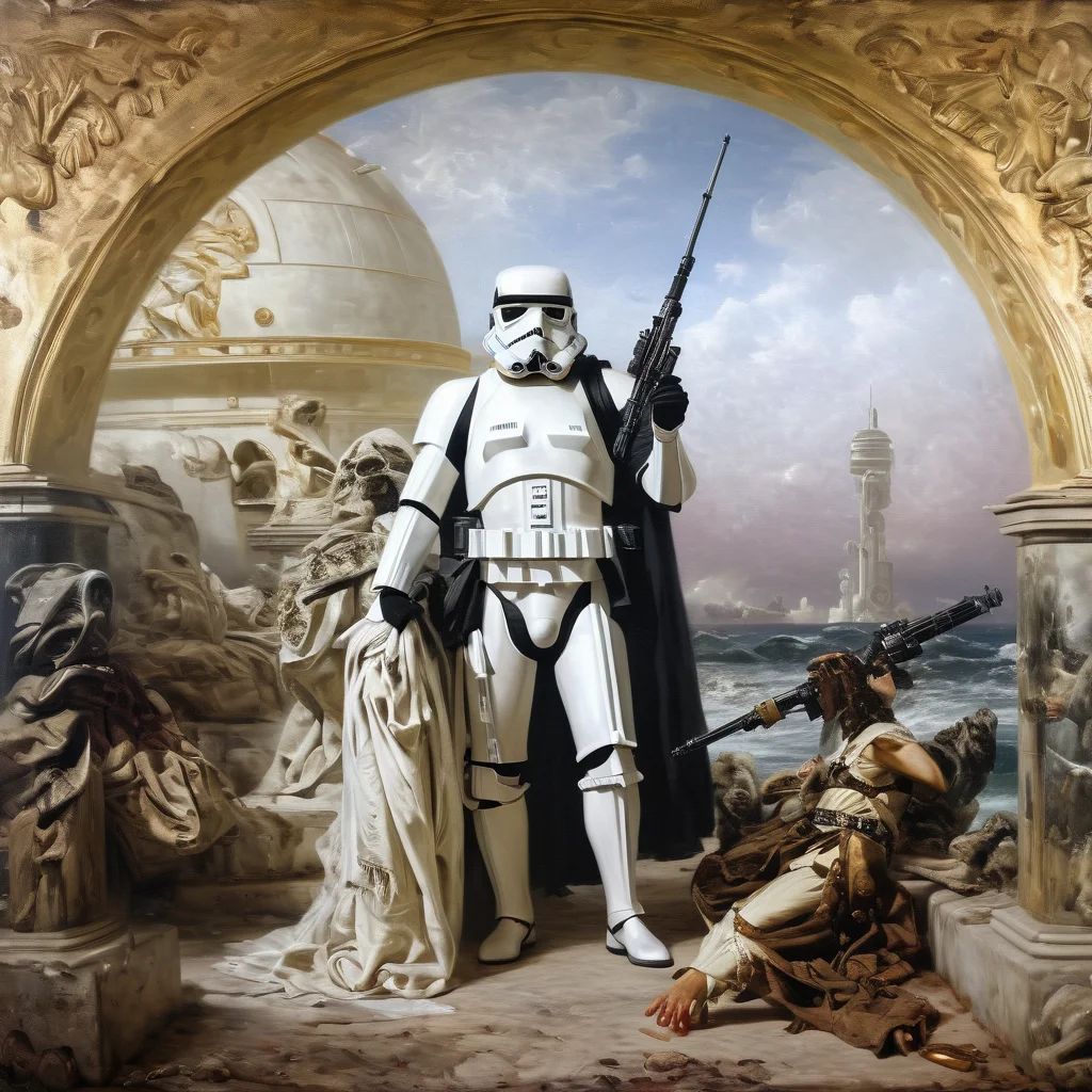 Painting of star wars stormtrooper as mythological Henryk Siemiradzki <lora:Acdemical_paintings_of_Henryk_Siemiradzki:1>
