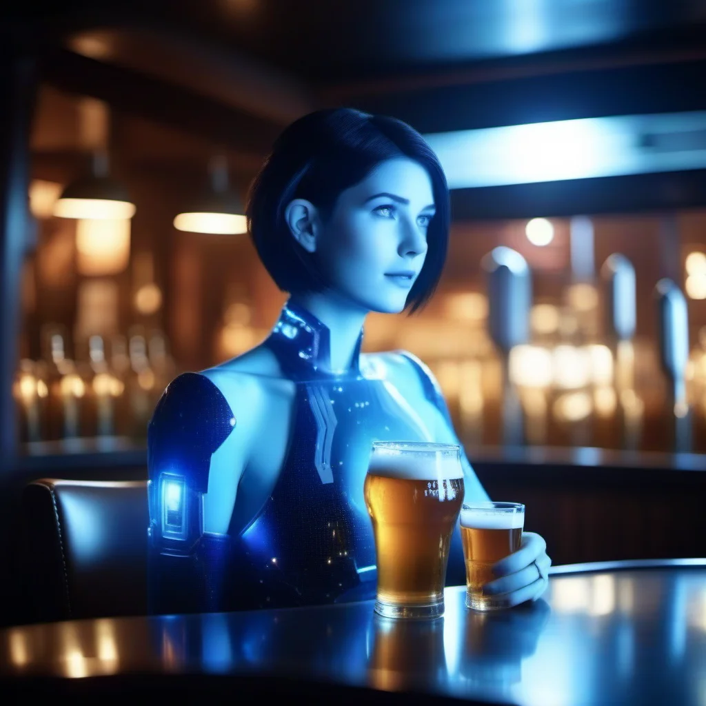 cinematic photo 1girl, short hair, blue skin, science fiction, transparent hologram, having a beer in a pub <lora:Cortana1024:0.8> . 35mm photograph, film, bokeh, professional, 4k, highly detailed