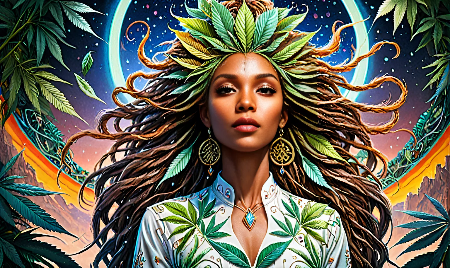 painting by James jean, abstract art, insane details, Lebanese (whimsical, psychedelic:1.1) , dressed up as Olivia Pope character, Dreadlocks hairstyle, ethereal magical atmosphere, stylized by Noriyoshi Ohrai, detailed, vibrant, surrealism, fantastical, intense, shiny, aesthetic, perfect composition OverallDetailXL <lora:Surreal:1> <lora:Elven_Mage:0.8> 3lv3n M4g3, woman, staff, glowing, tattoo, magical, botanical <lora:ral-mrjnlvs:0.8> ral-mrjnlvs