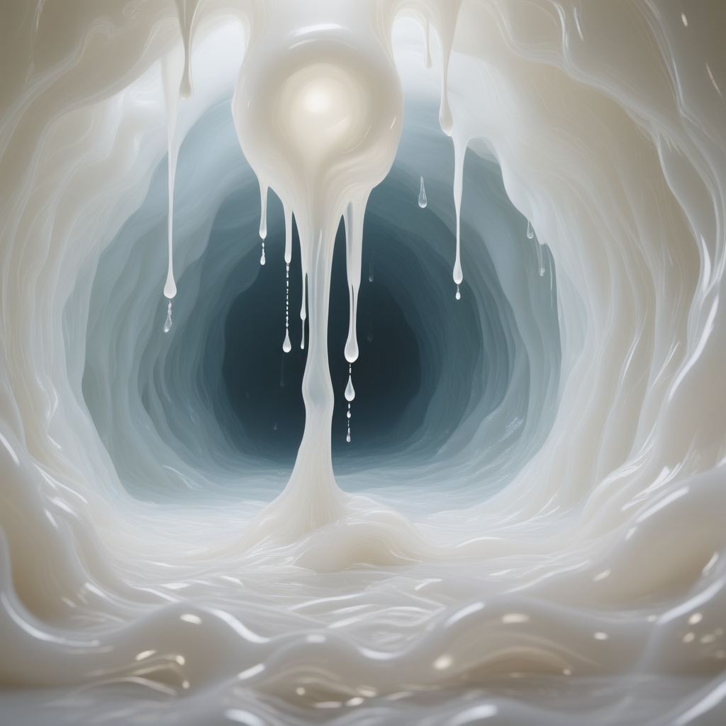 tsmlkslimsed, tramilkslimsed, trclkyslimsed, an overwhelming flood of milky translucent slime filling the whole scene, sticky and glossy, violently surging and bubbling, thick ejaculate-like texture with bursting blisters and dripping strands, cinematic lighting in a surreal void