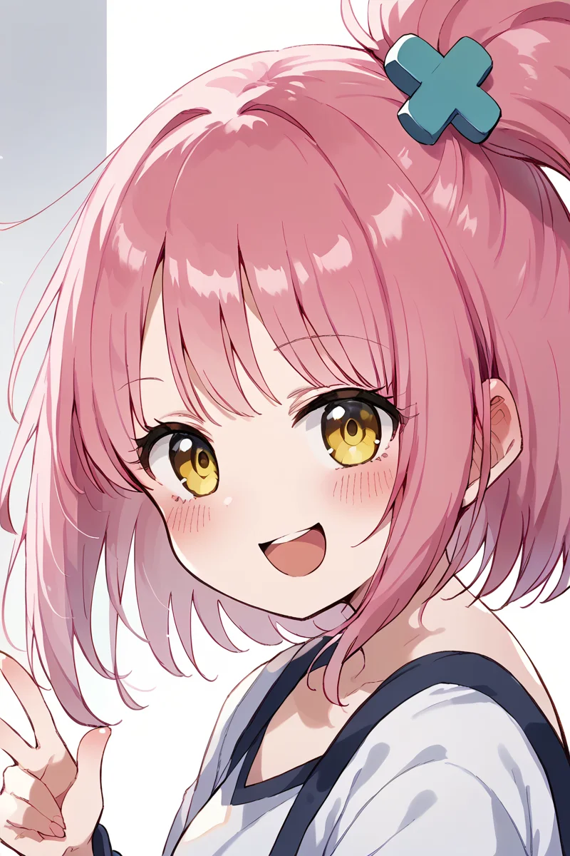 score_9, score_8_up, score_7_up, score_6_up,
<lora:Kihyahya:1> kihyahya, 1girl, hair ornament, pink hair, blush, solo, smile, yellow eyes, x hair ornament, open mouth, looking at viewer, bangs, :d