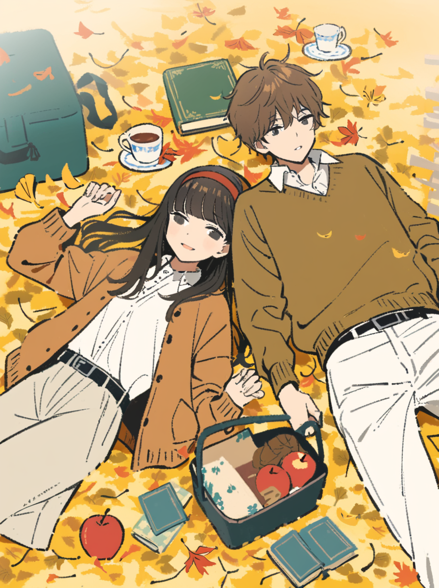 masterpiece, best quality, <lora:style41-xl-a3.1:1>lying, shirt, white shirt, on back, leaf, 1girl, 1boy, pants, book, food, long hair, jacket, cup, black hair, belt, long sleeves, hairband, bangs, apple, collared shirt, brown hair, open book, white pants, autumn leaves, short hair, fruit, ginkgo leaf, red hairband, smile, cat, brown eyes, skirt, open mouth, plate, picnic, brown jacket, autumn, shirt tucked in, black belt, blunt bangs, sweater, outdoors, black eyes, basket, holding, parted lips