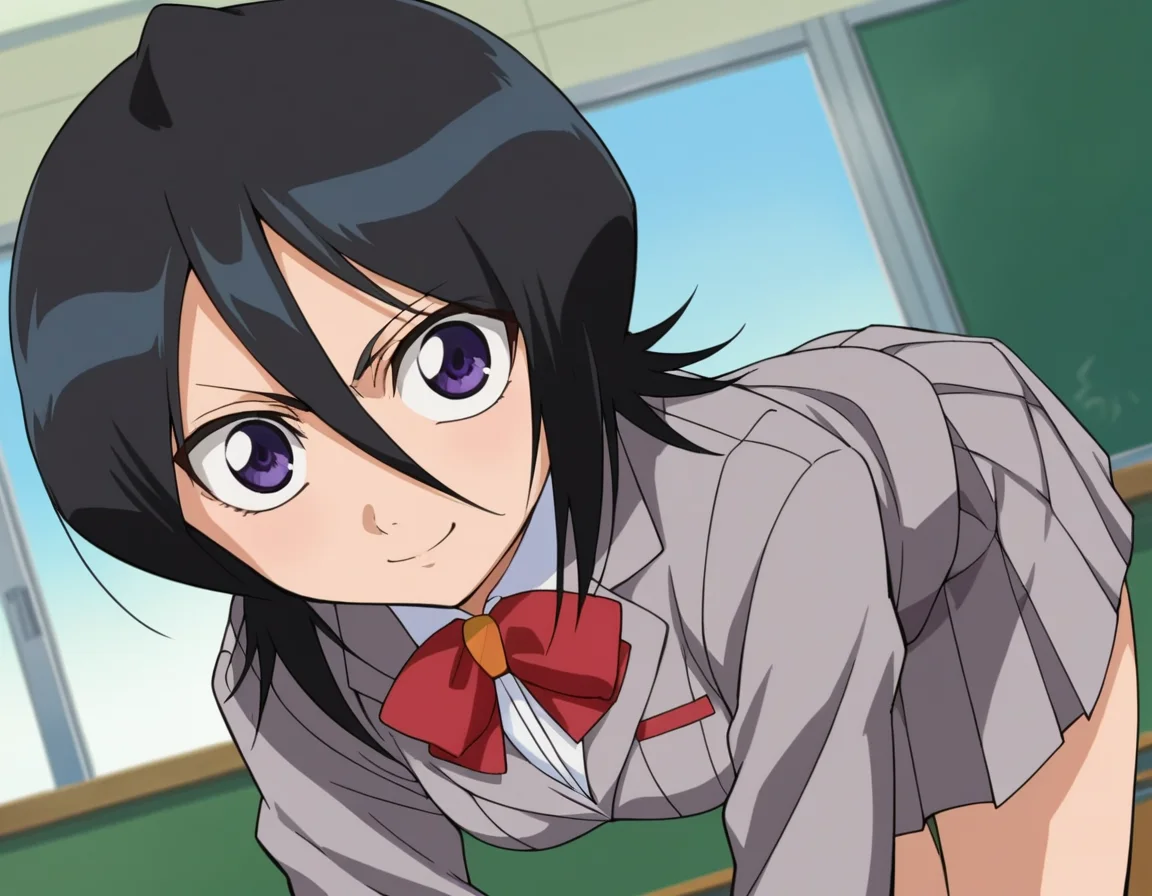 score_9, score_8_up, score_7_up, source_anime,
rukiakuchiki, <lora:rukia-kuchiki-s1-ponyxl-lora-nochekaiser:1>,
rukia kuchiki, black hair, hair between eyes, purple eyes, short hair,
skirt, bow, school uniform, jacket, blazer, grey jacket,
indoors, classroom, bent over, smile,
looking at viewer, cowboy shot, dutch angle,