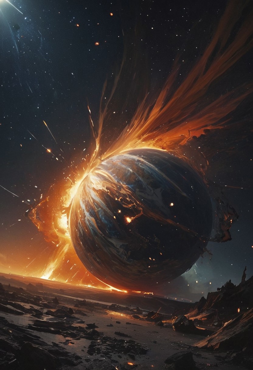 Illustrate a breathtaking scene of two planets colliding in a cataclysmic event. The image should capture the moment of impact, with debris and fragments flying in all directions. One planet should be a vibrant blue and green, representing Earth-like qualities, while the other is a fiery red and orange, symbolizing a hostile environment. The collision should create a massive explosion of light and energy, illuminating the surrounding space with a chaotic blend of colors. Surrounding stars and cosmic dust should add to the sense of vastness and destruction, evoking feelings of awe and devastation.
[style of greg rutkowski,janek sedlar,jenny saville:0]  <lora:vivid_everclear:0.35>  <lora:Sinozick:0.35>  <lora:MJ52:0.35>
