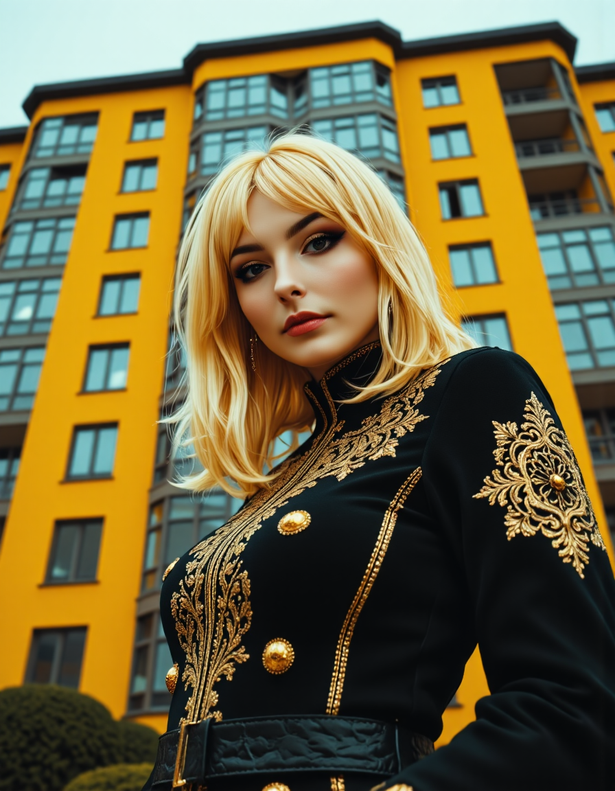 A high resolution cinematic photograph of a blonde woman named <lora:Lysena_Foxx_r1:1> lysenafoxx  in front of a bright yellow apartment building of the Rainbow Houses  in Kiev. dynamic, dramatic, haute couture, elegant, ornate clothing, High Fashion, beautiful lighting, vignette