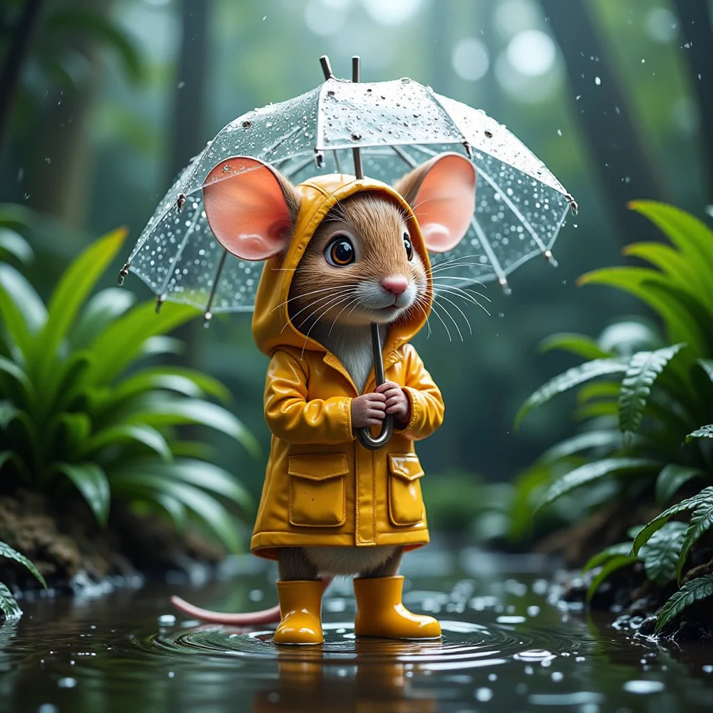 Hyper-realistic, adorable anthropomorphic mouse, with intricate whiskers and large, shimmering eyes, stands under a delicate, translucent leaf umbrella, in the midst of a serene, rain-soaked rainforest, surrounded by lush, emerald ferns and misty, atmospheric fog. The mouse wears a bright, sunshine-yellow raincoat with a hood, and matching rain boots, glistening with raindrops. Standing alone in a puddle