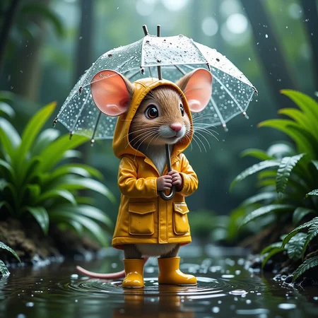 Hyper-realistic, adorable anthropomorphic mouse, with intricate whiskers and large, shimmering eyes, stands under a delicate, translucent leaf umbrella, in the midst of a serene, rain-soaked rainforest, surrounded by lush, emerald ferns and misty, atmospheric fog. The mouse wears a bright, sunshine-yellow raincoat with a hood, and matching rain boots, glistening with raindrops. Standing alone in a puddle