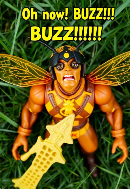 Caption in yellow "Oh no! BUZZ!!!!" Surprise, fear, big compoind eyes, fly eyes, He-man action figure. Photograph of plastic toy. Insect eyes, yellow insect wings, striped brown and yellow shirt. Honeycomb sword. view from above, dropped in the grass,