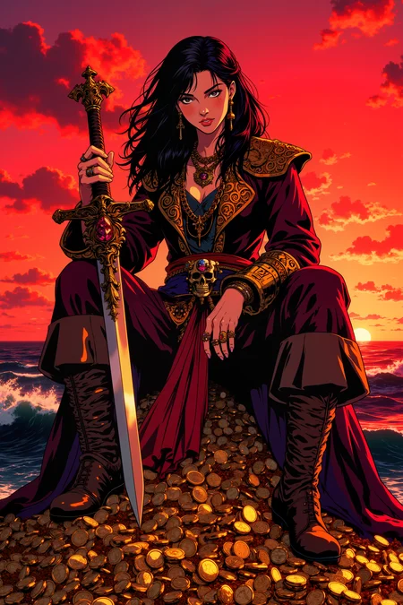 ne0nfant4sy, As the sun sets over the horizon, casting a blood-red glow across the sky, the female pirate captain sits atop a vast pile of gold and jewels, her dark maroon coat blending with the fiery sunset. The coat is richly embroidered with gold thread, the designs forming swirling waves and mythical sea creatures along the hem. Her belt, fastened with a large, ruby-encrusted buckle shaped like a skull, gleams in the fading light. At her side rests a cutlass with a hilt shaped like a serpent, the blade still gleaming from recent use. Around her neck, a thick gold chain supports a medallion shaped like a krakenâs tentacle, the gold catching the last rays of sunlight. Her fingers, adorned with rings featuring tiny ships, sea monsters, and intricate filigree, sift lazily through the coins and gems beneath her. A red sash is tied loosely at her waist, its fabric rippling in the evening breeze as the ocean waves crash softly against the shore in the distance, blending with the clinking sound of gold beneath her.<lora:RetroAnimeFluxV1:0.5><lora:NeonFantasyFLUX:0.3>