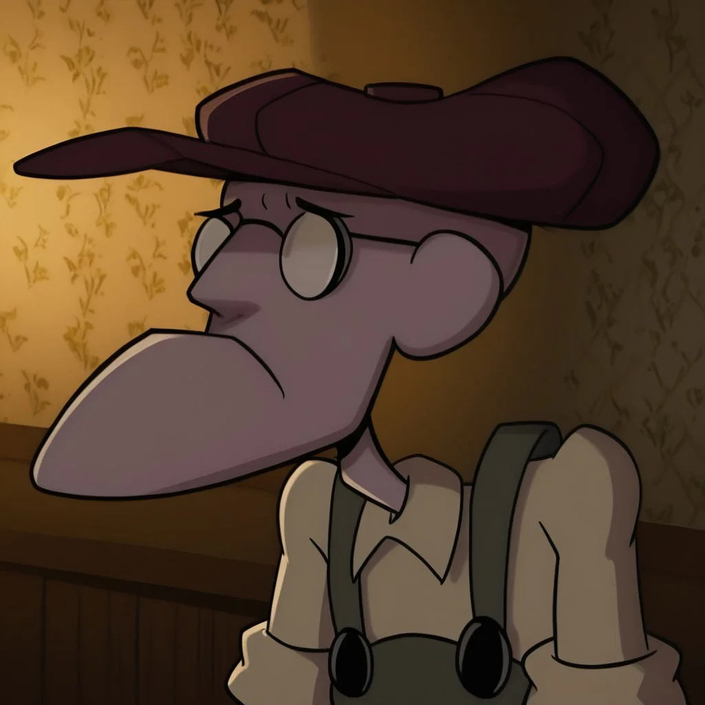 high detail, high quality, dramatic lighting, cinematic lighting, detailed background, masterpiece,  detailed masterpiece, best quality, Graphic details, perfect design, 1boy, solo, Eustace, Bagge, Green overalls, yellow shirt, hat, glasses, grumpy expression,