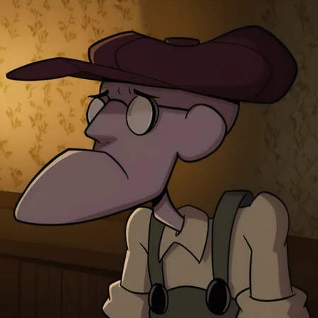 high detail, high quality, dramatic lighting, cinematic lighting, detailed background, masterpiece,  detailed masterpiece, best quality, Graphic details, perfect design, 1boy, solo, Eustace, Bagge, Green overalls, yellow shirt, hat, glasses, grumpy expression,
