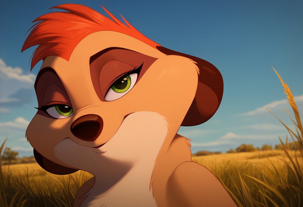 score_9, score_8_up, score_7_up, solo,  Expressiveh, (Timon'sMa, female meerkat, brown body, brown fur, tan body, tan fur, two tone body, two tone fur, green eyes, red hair, short hair, brown nose, furry, anthro),  disappointed look, narrowed eyes, hands on hips, standing, africa, grass, afternoon, female focus, looking at viewer, detailed background, 4k, masterpiece, best quality, highly detailed, realistic
