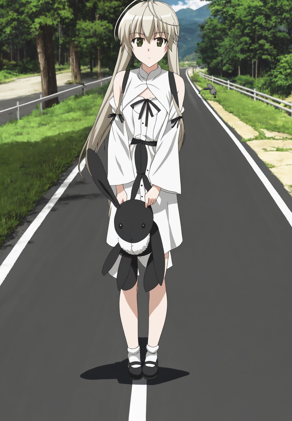 <lora:Sora_Kasugano:0.8>, Sora_Kasugano, 1girl, solo, looking at viewer, outdoors, stuffed toy, stuffed animal, road, stuffed bunny