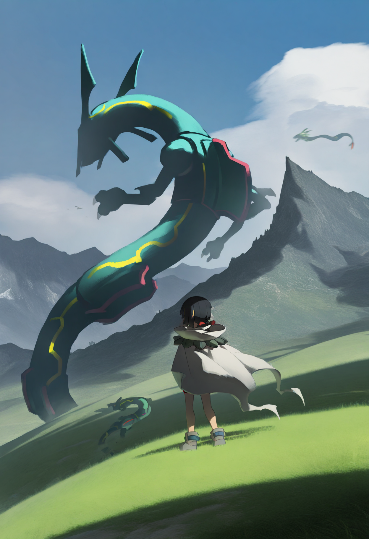 astero, scenery, pokemon \(creature\),
best quality, amazing quality, very aesthetic, absurdres, best quality, masterpiece, newest,
1girl, zinnia, standing, cloak, looking away, rayquaza,
solo, blue sky, field, grass, grassland, mountainous horizon, cloud, sky,   <lora:ZinniaIllustriousXL_byKonan:1> <lora:AsteroNoob_byKonan:1>