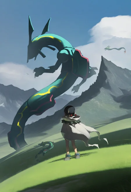 astero, scenery, pokemon \(creature\),
best quality, amazing quality, very aesthetic, absurdres, best quality, masterpiece, newest,
1girl, zinnia, standing, cloak, looking away, rayquaza,
solo, blue sky, field, grass, grassland, mountainous horizon, cloud, sky, <lora:ZinniaIllustriousXL_byKonan:1> <lora:AsteroNoob_byKonan:1>