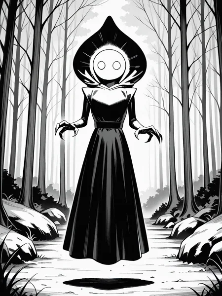 <lora:IL_flatwoods_monster:1>,flatwoods_monster/(Character/),forest,monochrome,floating,no humans,blank eyes,
claws,dress,hood,, masterpiece,best quality,amazing quality,very aesthetic,absurdres,