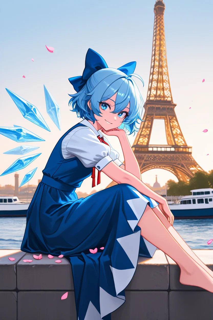 masterpiece, best quality, 1girl, solo, 21 year old model, eyelashes, (beautiful eyes), ,,, <lora:CirnoTouhouIXL:1.0>, zzCirno, blue eyes, hair between eyes, ahoge, blue hair, hair bow, short hair, blue dress, puffy short sleeves, white shirt, bow, wings, ice, short sleeves, ice wings, dress,,,, zzEiffelTower in background, sitting, watercraft, boat, sitting on wall, side view, looking at viewer, smile,,, blooming stars, luminescent petals, otherworldly fragrance blurry background, <lora:EiffelTowerIXL_v2:1.0>,