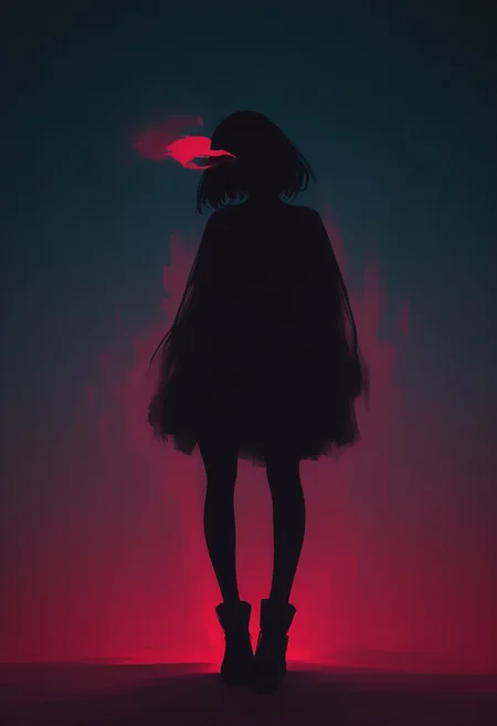 gradient background, minmalism, 1girl, head_tilt, looking_up, blowing_smoke, disolving, fading,, from_side, full body silhouette, solo,,, masterpiece, best quality, good quality