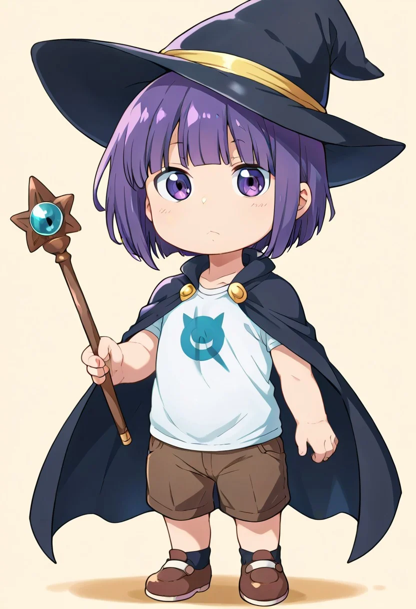 (zPDXL3),
(zPDXLxxx),
1boy,
Shouta Magatsuchi,
magatsuchi_shouta,
purple eyes,
purple hair,
bob cut,
blunt bangs,
chibi,
short stature,
shortstack,
slender,
shirt,
short pants,
witch_hat,
black cape,
holding wand,
medium shot,