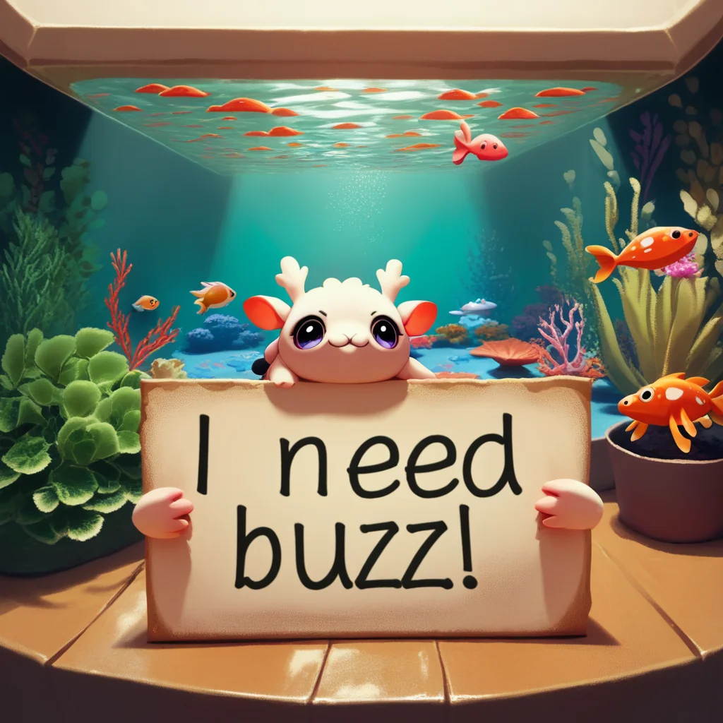 score_9, score_8, score_7_up, need_buzz, holding sign, axolotl, cute, aquarium, no humans