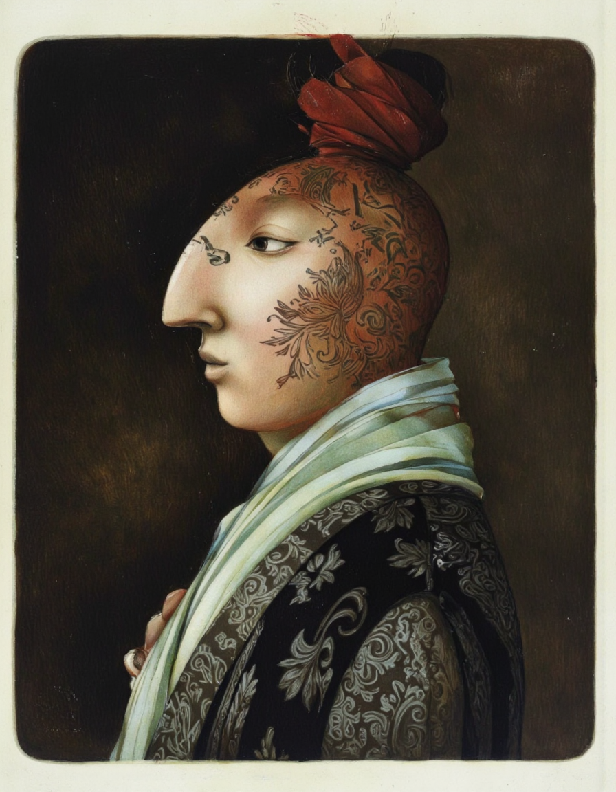 By Rébecca Dautremer. A digital illustration shoot from a profile camera angle about a stylized portrait of a humanoid figure with a long, narrow nose and intricate tattoos on its face, wearing traditional japanese clothing. the image also shows a serene expression, with one eye looking to the side. on the middle of the image, a woman appears to be in her mid-twenties, with a slim body and a neutral expression. she is facing the viewer, with her upper body visible. her hair is styled in a single hair bun, tied up with a red ribbon, and she is wearing a dark, patterned kimono with a light green shawl draped over her shoulders. her skin is a light brown color, and her facial features are detailed with intricate, stylized tattoos. the background is dark and indistinct, with soft lighting that highlights her features. the overall style is reminiscent of japan art, with bold lines and a sense of realism.