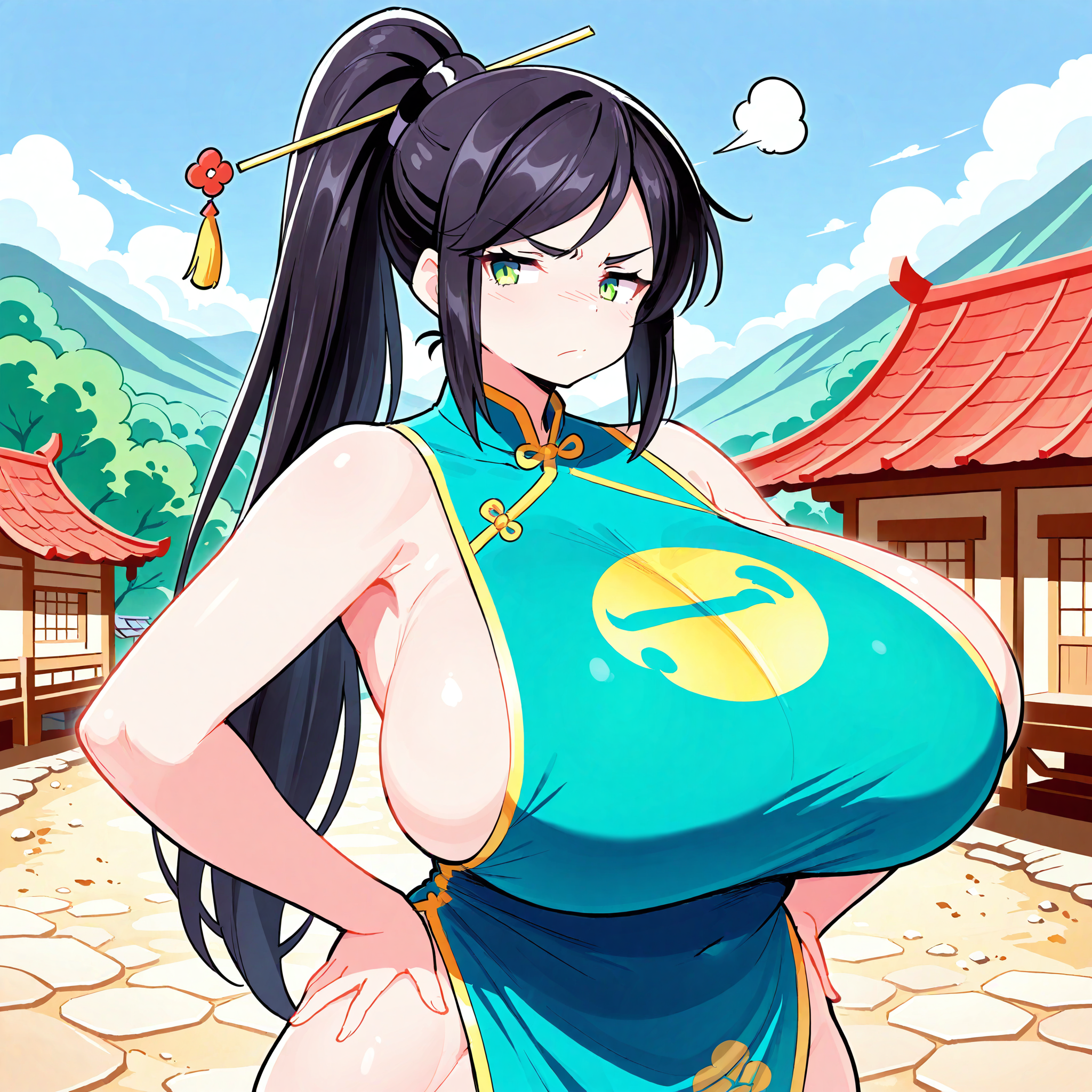 (masterpiece), best quality, (highly detailed), 1female, solo, <lora:Theycallhimcake_style illustrious:0.8>, village, green chinese dress, black hair, long ponytail, green eyes, hairpin, sideboob, huge breasts, hands on hips, plump, annoyed expression,