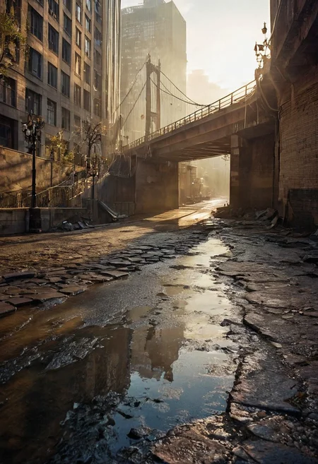 radiant city, bridges, dip, apocalypse. rays.puddle, the fog, the mystical light, professional photography, natural lighting, volumetric lighting maximalist. intricately detailed, complex, elegant, expansive, fantastical, film photography style, light grain, medium grain, heavy grain