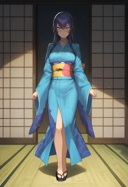 score_9, score_8_up, score_7_up,rating_explicit,1girl,solo, black bow tie, saeko_busujima, purple hair, blue eyes, long hair, hair between eyes,breasts, japanese clothes, multicolored kimono,open kimono, legs, obi, sash, blue kimono, wide sleeves, fighter pose, serious eyes, blushing, full body shot