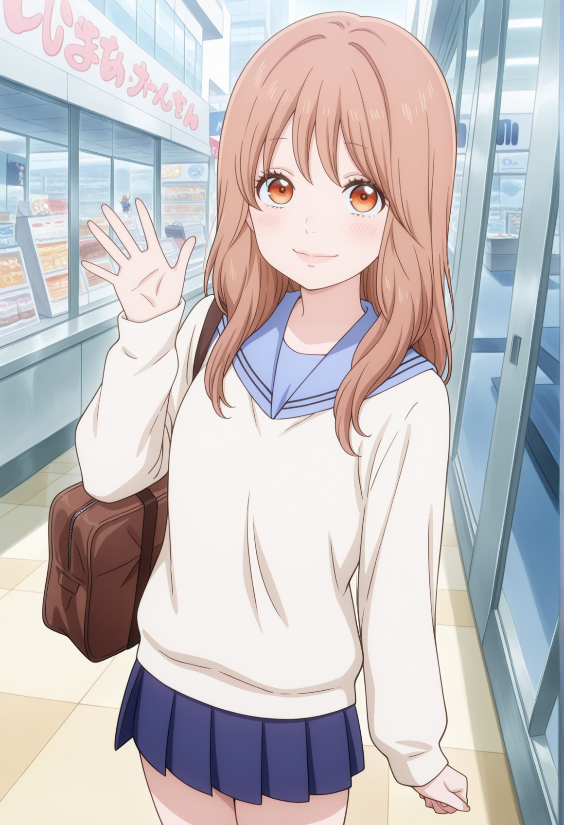 1girl, long hair, brown hair, orange eyes, parted lips, sailor collar, sweater. solo, standing, waving, outdoors, shopping mall, pleated skirt, smile, school bag  <lora:Rinko_ore_monogatari_illus:1>, masterpiece, best quality, amazing quality, very aesthetic, absurdres, highres, newest