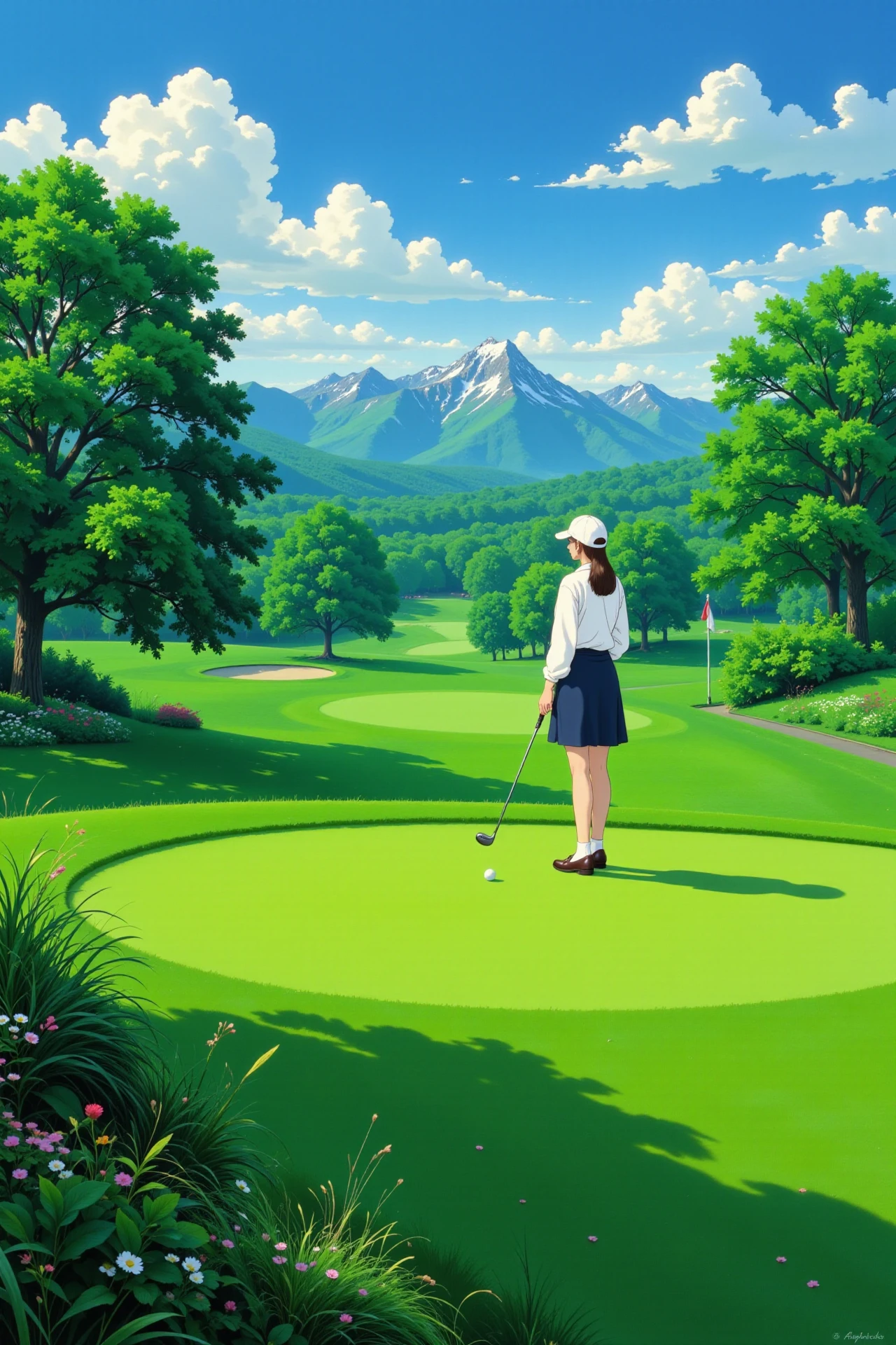 a golfer hitting a ball on a lush green course beautiful  landscape, early morning, woman, very intricate, very detailed, sharp, bright, colorful, <lora:Hand v2:0.5> <lora:Anti-Blur:1><lora:Insane Detail Slider:0.25>  <lora:flux.1_lora_flyway_Epic-detail_v2:0.3> <lora:fluxenhancer:0.25> <lora:Anime_style:0.6> anime style