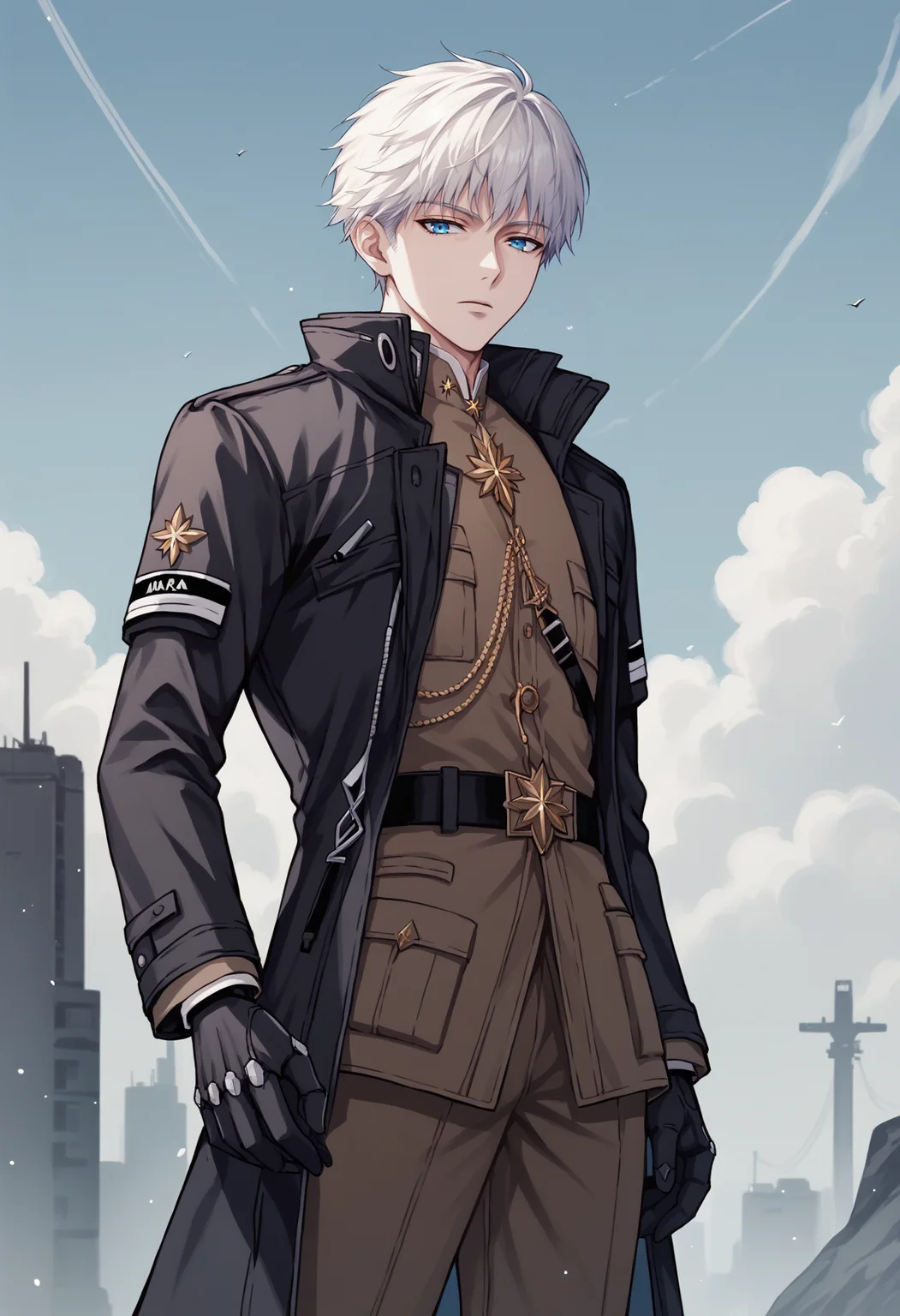 score_9, score_8_up, score_7_up, source_anime BREAK 1boy, solo, male focus, <lora:johan-nikke-richy-v1_pdxl:1> johan, blue eyes, white hair, short hair, necklace, black coat, military uniform, brown pants, belt, black gloves, standing, expressionless, looking at viewer, outdoors, science fiction