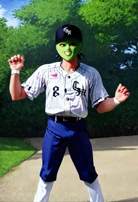 TheMask10240	,smooth top of head,boy,solo,hands on hip, <lora:bulge:1.2>
,exercising in the park,so cute ,so sweet,realistic painting,clm, baseball uniform,