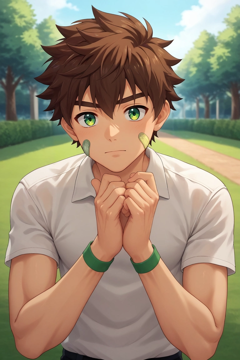 score_9, score_8_up, score_7_up, source_anime, rating_safe, , (3d:0.4), , depth of field, 1boy, solo, male focus, <lora:keitaro_nagame_pony:1>, keitaro_nagame, brown hair, green eyes, short hair, bandaid on face, , crystal garden, mineral growths, light pools, gem clusters, examining pose, fascinated expression, prismatic light, , <lora:sdxl_lightning_8step_lora:1>