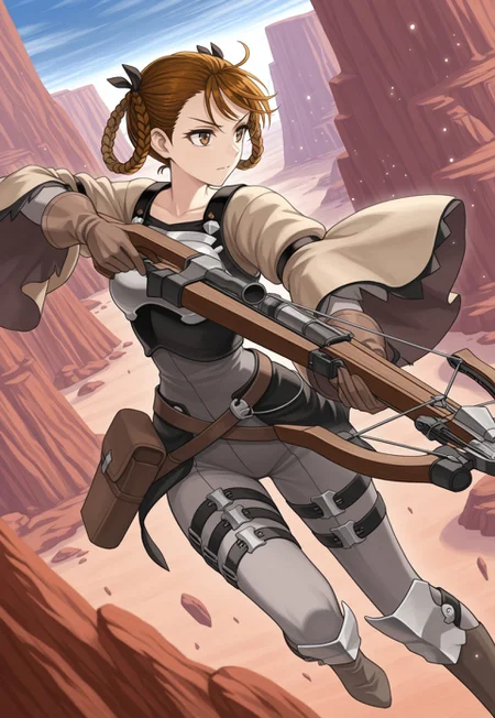 source_vanillaware,
action pose, sideview, windy, midair, dutch angle,
1girl, solo,
LizaIL, Liza Unicorn Overlord,
brown eyes, brown hair, braided hair rings, hair rings, black hairbows,
black top, exposed neck, small breastplate, gray bodysuit, beige sleeves, wide sleeves, brown gloves, leather straps,
determined, looking away, aiming weapon,
holding crossbow, large crossbow, crossbow in front,
canyon, blast particles,