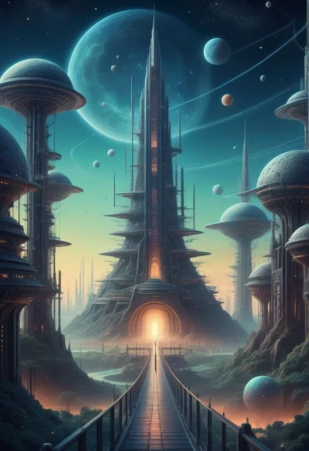A celestial city featuring towering structure and glowing pathway, inhabited by various alien species. Science fiction art style, colorful. BadDream, ral-frctlgmtry, ais-darkpartz, cp2077