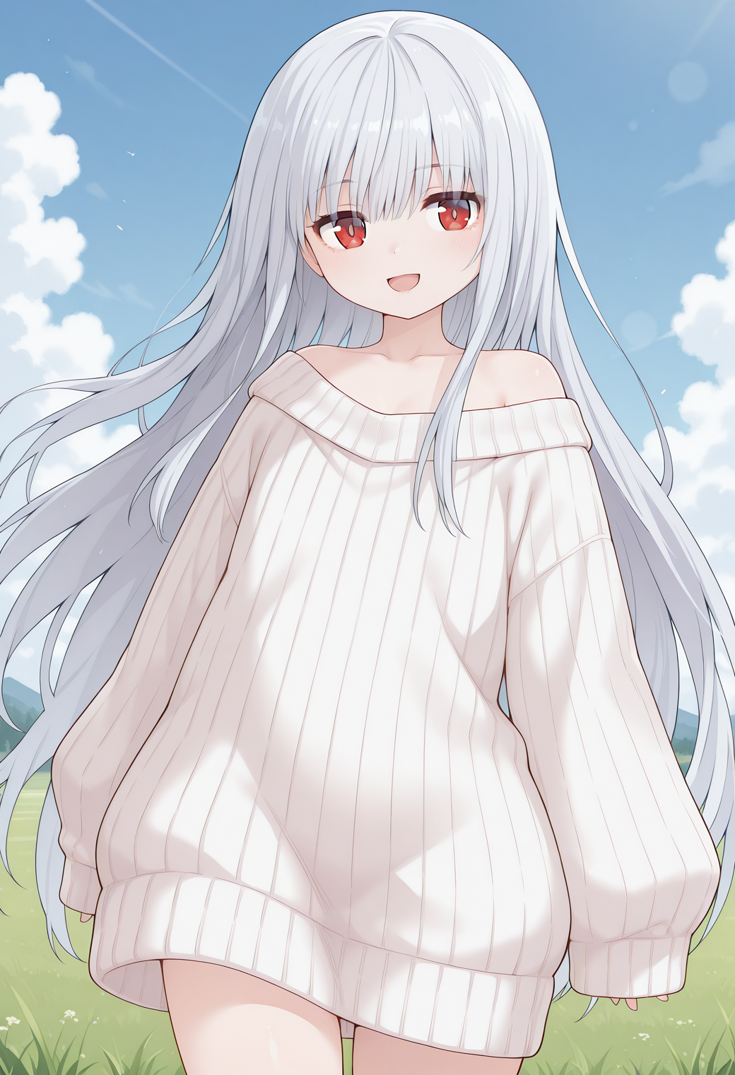 maisora_angel, red eyes, grey hair, long hair, very long hair, bangs, off shoulder, bare shoulders, sweater dress, white sweater, ribbed sweater, oversized clothes, oversized shirt, <lora:maisora_angel_illustrious_ver1:0.8> 
smile, open mouth,, masterpiece, best quality, sensitive,, 1girl, solo, blue sky, (grasslands:1.2), looking at viewer,, (cowboy shot, dynamic pose:1.4),