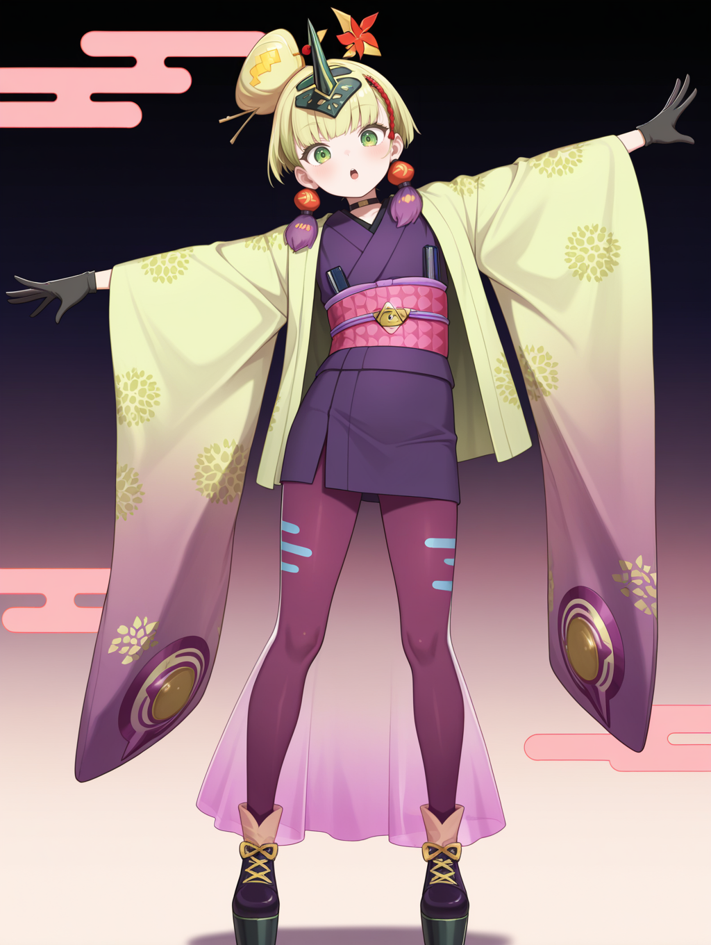 no-p.u.n.k. deer note,black gloves,solo,looking at viewer,1girl,:o,leaning to the side,pink see-through long skirt,red hair ornament,purple tassel earrings,black horn headpiece,green haori,purple sleeveless kimono,pink sash,purple thighhighs,black platform footwear,standing,outstretched arms,egasumi,gradient background,
masterpiece,best quality,amazing quality,very aesthetic,absurdres,newest,<lora:No-P.U.N.K. Deer Note illusXL v1:0.75>,