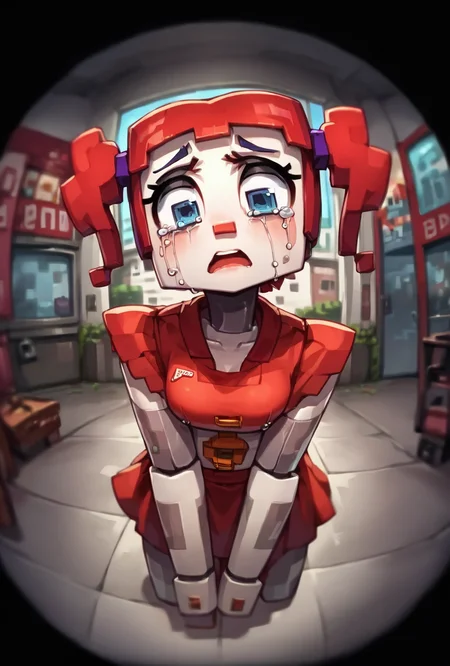 score_9, score_8_up, score_7_up, best quality, good quality ,, character focus, solo,  , best quality, r,   <lora:circbab-08:1> circbab, solo, robot, red hair, twintails, 1girl, open eyes, detailed background  <lora:Fisheye_Style:1> fisheye, black border, abandonned building, crying, sad, tears