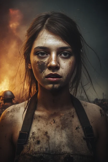 A up angle portrait photo of a beautiful girl, dirty face, background shows war, fire, riots, people, running, chaos, halo, smoke, lights