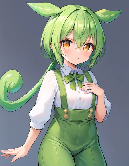 score_9, score_8_up, score_7_up, score_6_up, score_5_up, score_4_up, source_anime, rating:general,
<lora:zundamon_ponyXL:1>
1girl, zundamon, green hair, long hair, yellow eyes, hair between eyes, white shirt, suspenders, green pants, small breasts, smile, :d,