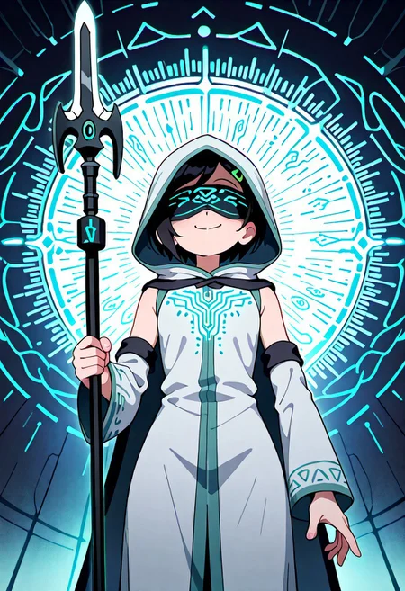 1gril, solo, Marcy, black hair, short hair, hairclip, dynamic angle, cowboy shot, action pose, glowing (circuit tattoo:1.2), robe, detached sleeves, hood up, noble, simulator, blindfold, covered eyes, shaded face, smug,  holding polearm, sanctuary, runes, (electricity:0.5), over technology, geometry, white theme, polarized, chromatic aberration, disintegration effect, (abstract expressionism:0.6), fantasy, science fiction, future, ancient, masterpiece, best quality, amazing quality, very aesthetic, absurdres, newest, <lora:circuit_tattoo:1>