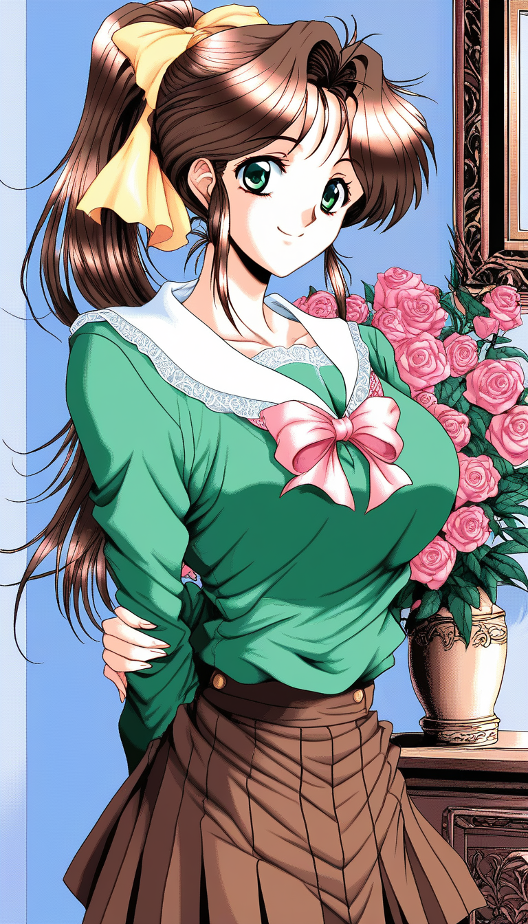 score_9, score_8_up, score_7_up, source_anime, rating_explicit, BREAK <lora:Ymazaki_chika_XL:1> Ymazaki_chika, brown hair, long hair, high ponytail, sidelocks, green eyes, 1990s (style), large breasts, Yellow ribbon, flower, hair ribbon, hair flower, pink roseã
1girl, solo, smile, rose, looking at viewer,  skirt, pink bow, bow, shirt, green shirt, long sleeves, brown skirt, hair ornament, cowboy shot, dress, plant, pleated skirt, arm behind back, pink rose, red rose, indoors, kino makoto, pink flower, closed mouth, bangs, standing, red flower