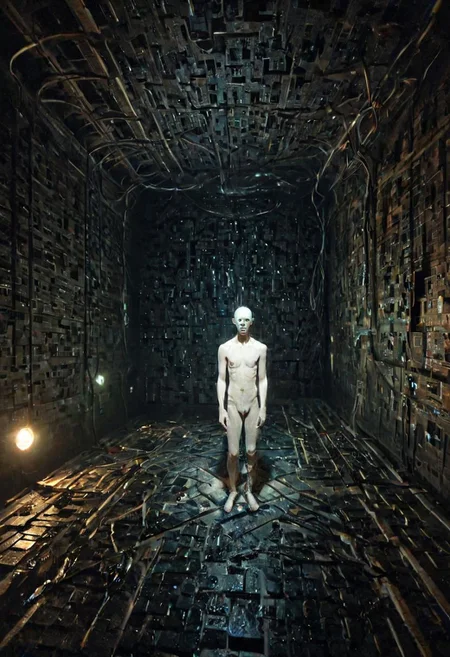 a dystopian matrix abyss by H.P. Lovecraft, a long floor into eternity, black reflecting tiles, dimmed lightning, vintage sci-fi led panels, electrical panels, neo pale man in the end of the floor, looking to viewer, tool band art