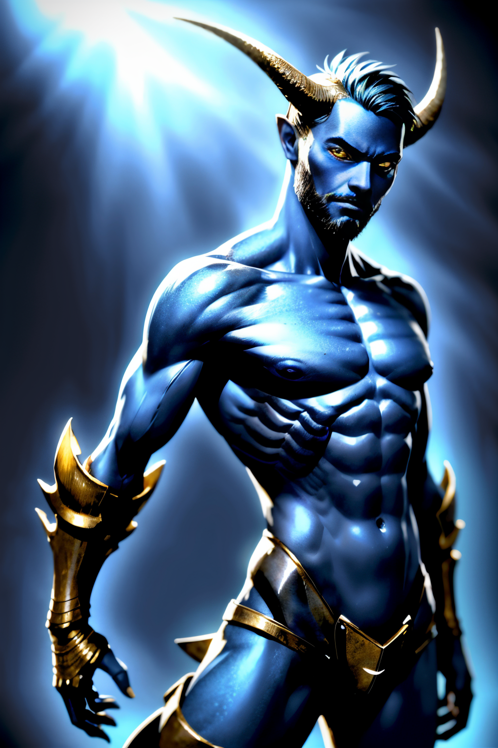 (Realistic:1.5) holding fish what standing blue hair muscular male blue hair from side brown hair brown background portrait standing beard ribs robot yellow eyes glowing eyes gauntlets slit pupils demon horns  <lora:EdobFireAlienSoul_v1.0:0.8>