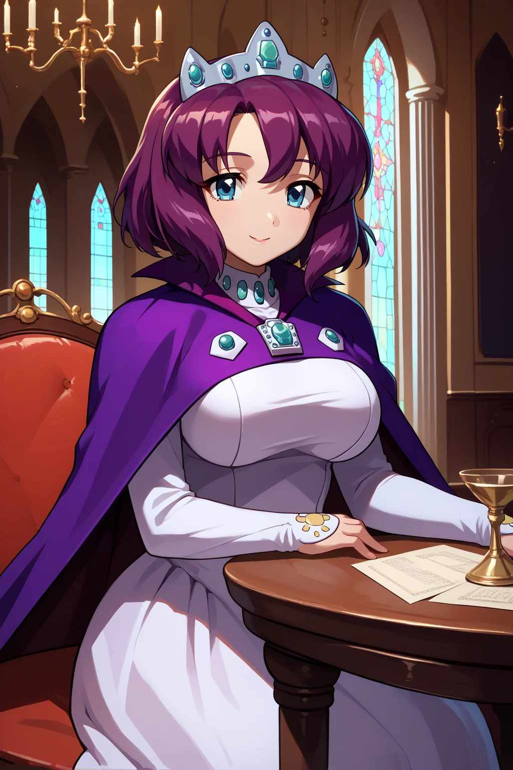 score_9, score_8_up, score_7_up, score_6_up, source_anime, 1girl, solo, <lora:henrietta-pdxl-nvwls-v1-000005:1> hrta, purple hair, short hair, blue eyes, crown, purple cape, brooch, long sleeves, white dress, large breasts, sitting, chair, table, indoors, mansion, chandelier, smile, looking at you, wide shot, long table