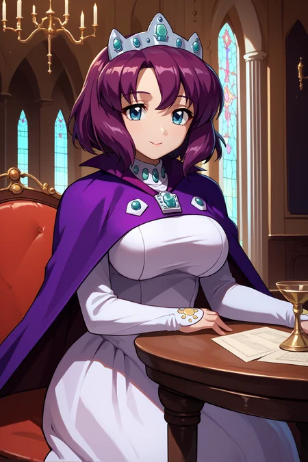 score_9, score_8_up, score_7_up, score_6_up, source_anime, 1girl, solo, <lora:henrietta-pdxl-nvwls-v1-000005:1> hrta, purple hair, short hair, blue eyes, crown, purple cape, brooch, long sleeves, white dress, large breasts, sitting, chair, table, indoors, mansion, chandelier, smile, looking at you, wide shot, long table