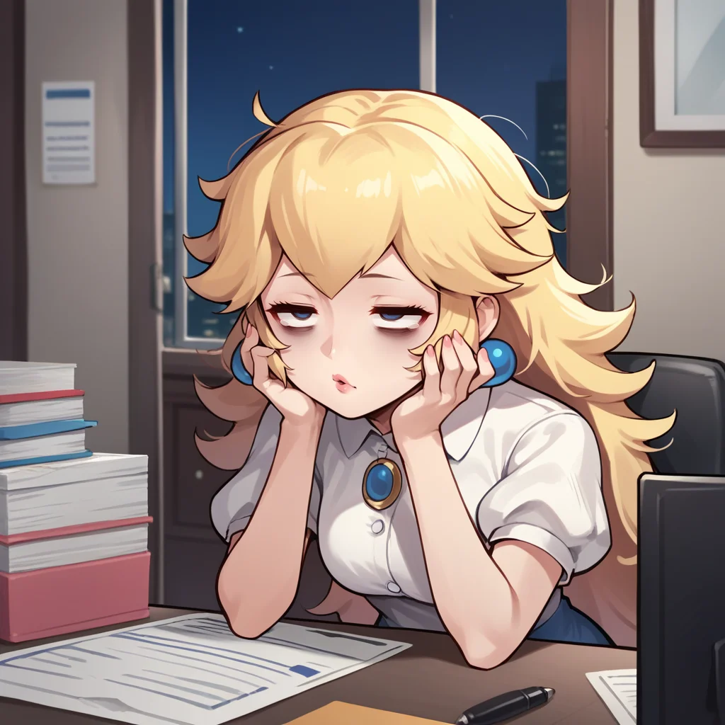 score_9,score_8_up,score_7_up,score_6_up,source_anime,rating_safe, Solo, night, office, secretary, head in hands, princess peach, white blouse, <lora:Disheveled:0.8> d1sheveled, messy hair, bags under eyes, exhausted, disheveled clothes, zPDXL2,