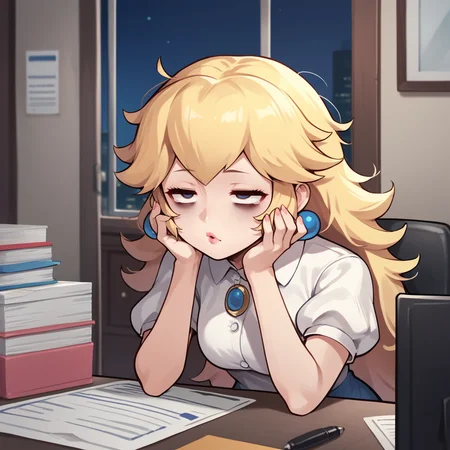 score_9,score_8_up,score_7_up,score_6_up,source_anime,rating_safe, Solo, night, office, secretary, head in hands, princess peach, white blouse, <lora:Disheveled:0.8> d1sheveled, messy hair, bags under eyes, exhausted, disheveled clothes, zPDXL2,
