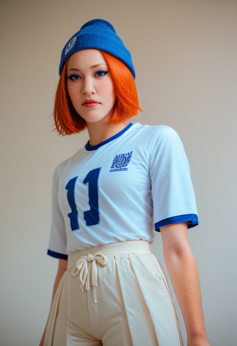 Portrait, score_9, score_8_up, score_7_up, score_6_up, score_5_up, score_4_up,
<lora:AlienorXL:0.8> AlienorXL, solo,
1girl, redhair, freckles, <lora:PerfectEyesXL:0.8> perfecteyes, blue eyes,  Eyeliner, Hakama, Soccer Jersey, Beanie veil,, , Inner toe tattoo, Geometric Tattoo, Pleasure expression, Kyokushin Karate Stance, Gang-controlled territory battling for dominance in a post-apo aesthetic , Hollywood lighting,bottom view , Film Emulation Saturation, <lora:Photo 2 Style SDXL_LoRA_Pony Diffusion V6 XL:0.8> raw, photo, realistic,  <lora:add-detail-xl:1> <lora:EnvyBetterHiresFixXL01:1> <lora:RMSDXL_Creative:1> <lora:xl_more_art-full_v1:0.8>